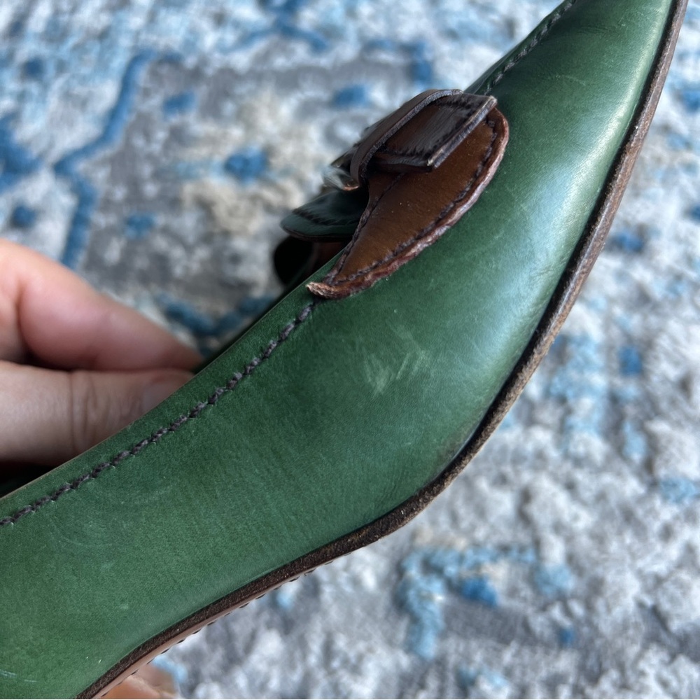 Prada Green Pointed-Toe Buckled leather Pumps with Brown Trim Sz 37.5 - Picture 6 of 8